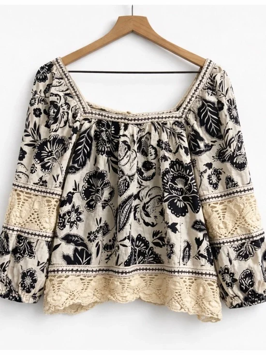 Christian Siriano Boho Floral Top Large Crochet Lace Linen Blend Peasant Blouse - Picture 2 of 10